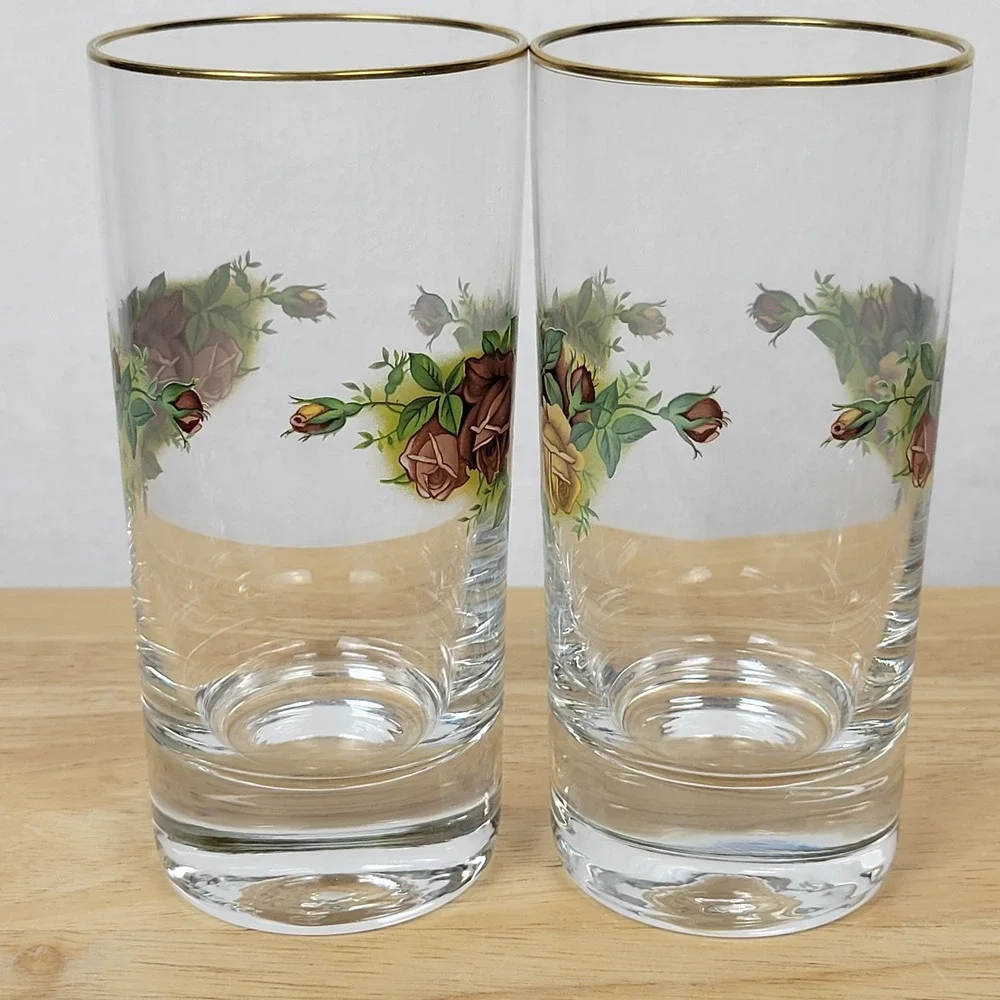Vintage Royal Albert Old Country Roses Highball Glasses Set of 2 Gold Trim
